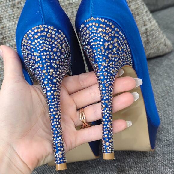Steve Madden Posesion Royal Blue Heels Women's 9 Rhinestone Satin Sapphire Pumps - Picture 5 of 8
